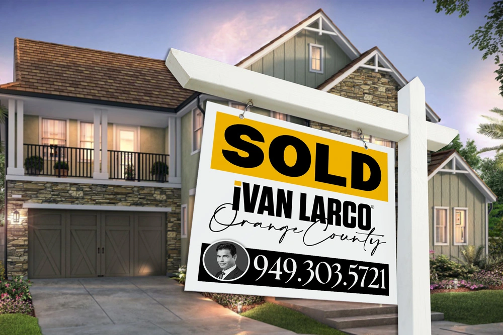 SOLD by Ivan Larco – Trusted Orange County Real Estate Expert Real estate sold sign in front of luxury Orange County home with Ivan Larco branding, promoting top Realtor services in Aliso Viejo, Laguna Niguel, Mission Viejo, and Newport Beach.