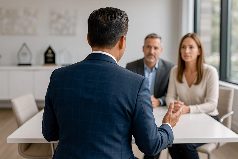 Professional Real Estate Consultation with Ivan Larco – Orange County Broker Real estate agent in suit consulting with clients at a modern office in Orange County, California