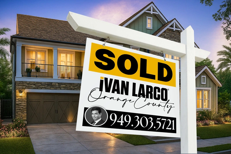 SOLD by Ivan Larco – Trusted Orange County Real Estate Expert Real estate sold sign in front of luxury Orange County home with Ivan Larco branding, promoting top Realtor services in Aliso Viejo, Laguna Niguel, Mission Viejo, and Newport Beach.