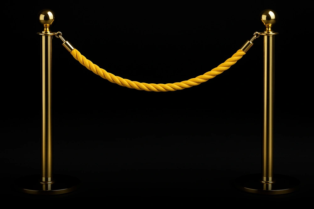 VIP Home Buying Experience with Ivan Larco | Orange County Luxury Realtor Luxury gold stanchions with a velvet yellow rope against a black background, symbolizing exclusive VIP real estate service with Ivan Larco in Orange County.