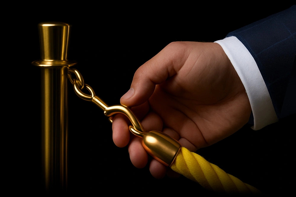 Unlock Exclusive Real Estate Access with Ivan Larco | Orange County’s Luxury Realtor Close-up of a hand in a blue suit unhooking a luxury gold stanchion with a yellow velvet rope, symbolizing exclusive access to premium real estate services with Ivan Larco.