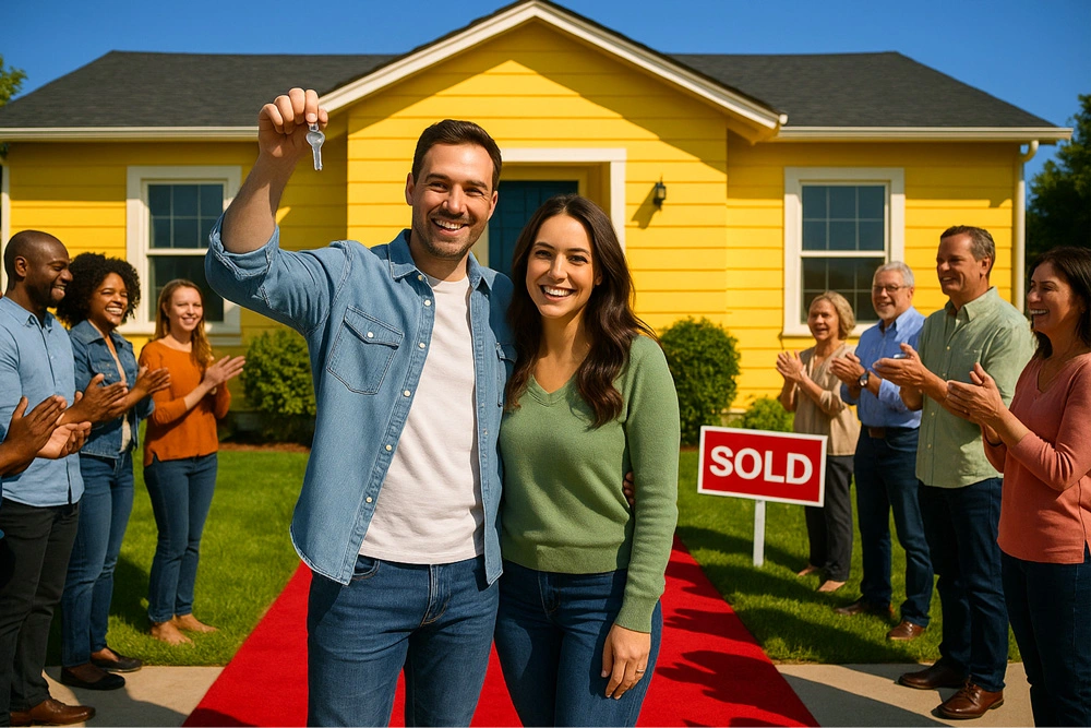 Sold and Celebrated: VIP Home Buying with Ivan Larco | Orange County Realtor Happy couple holding keys in front of a sold yellow house, standing on a red carpet with cheering neighbors—celebrating a successful home purchase with Realtor Ivan Larco in Orange County.