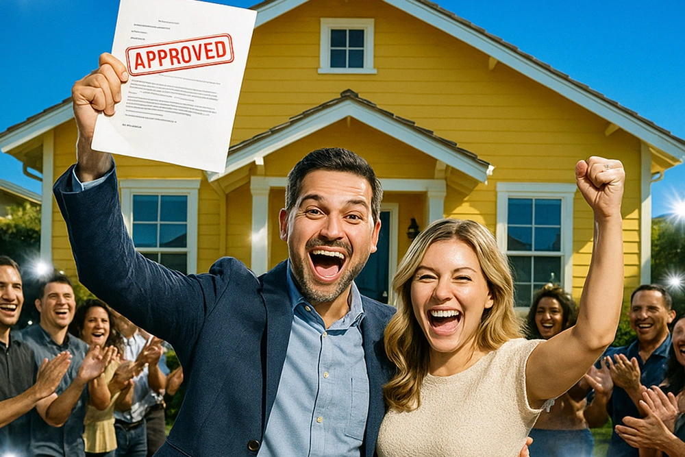 Mortgage Approved! Celebrate Real Estate Wins with Ivan Larco | South OC Realtor Joyful couple holding mortgage approval letter in front of a yellow home, celebrating with raised fists and a cheering crowd—symbolizing success with Ivan Larco, top Realtor in Orange County.