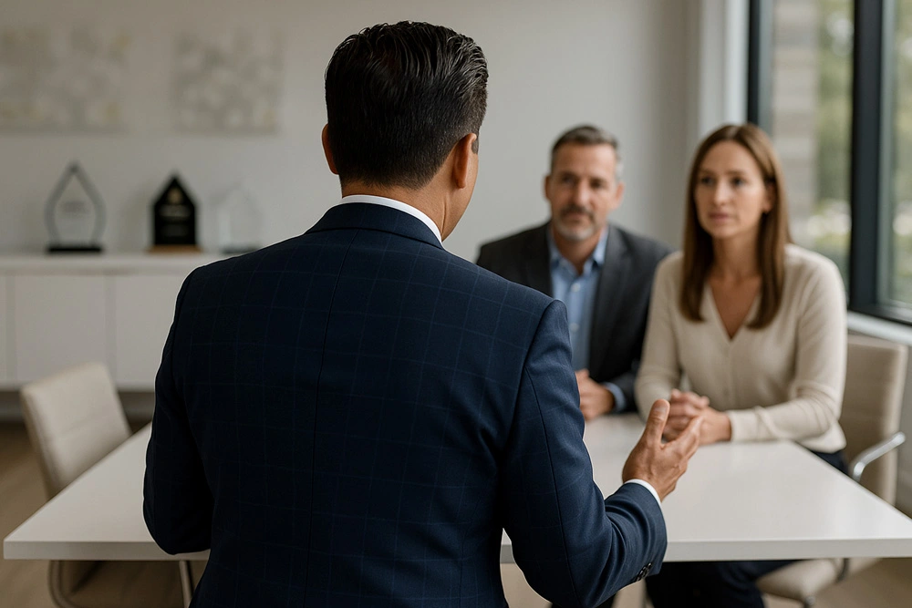 Strategic Real Estate Guidance with Ivan Larco | Trusted South OC Realtor Professional real estate agent in a navy suit advising a couple across the table in a modern office with real estate awards in the background—symbolizing expert guidance with Ivan Larco.